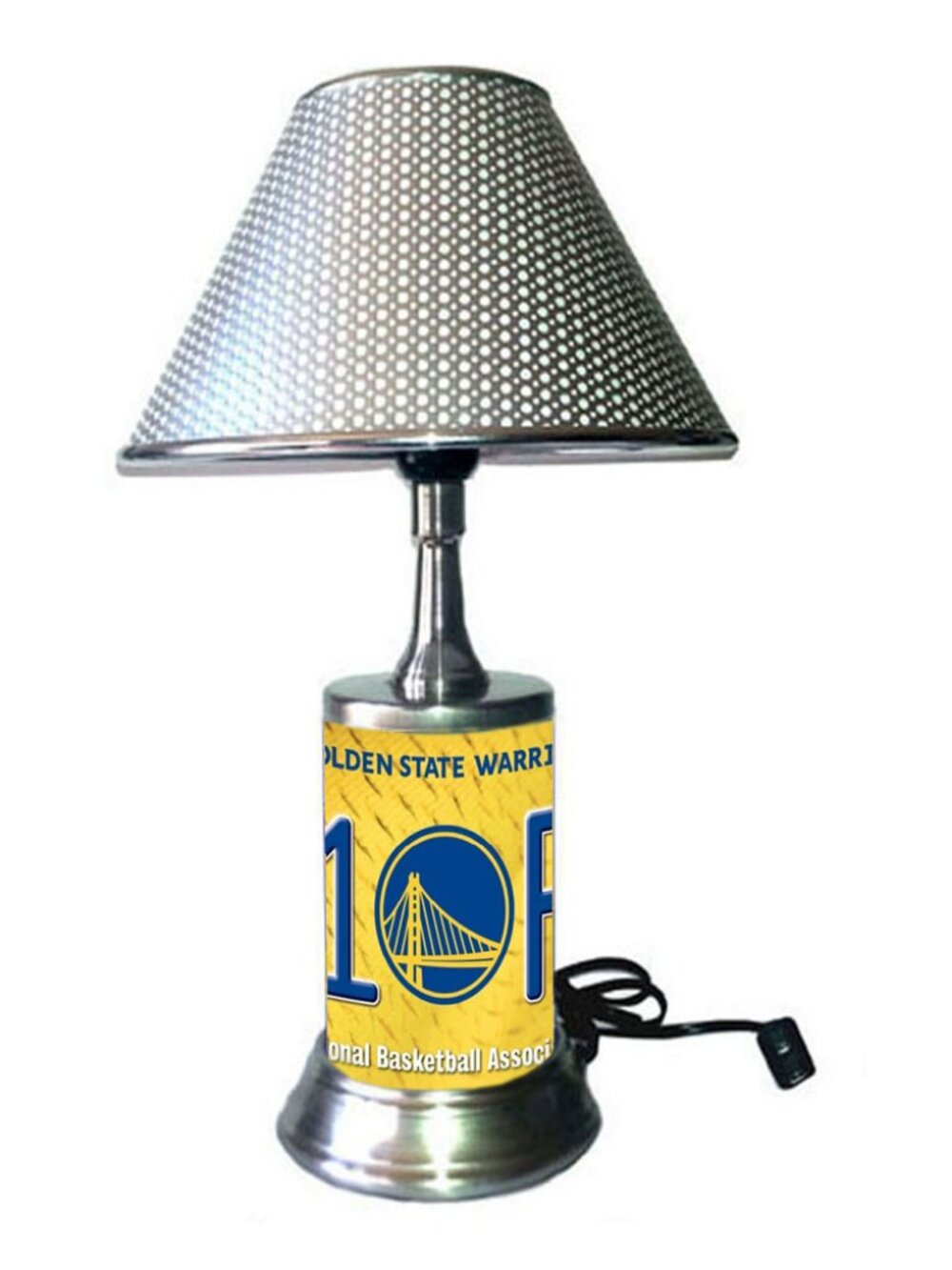 Golden State Warriors table lamp with chrome finish shade, #1 fan plate mounted